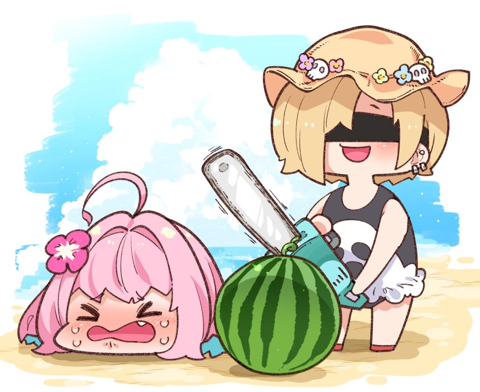 >o<, 2girls, ahoge, bangs, bare_shoulders, beach, black_blindfold, blindfold