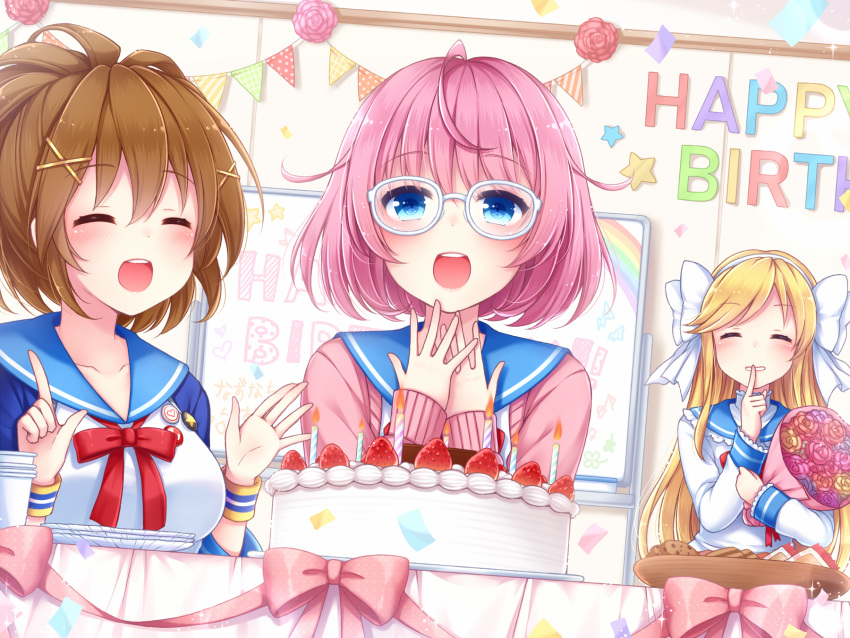 3girls, :d, ahoge, akesaka_serina, badge, birthday, blonde_hair, blue_eyes