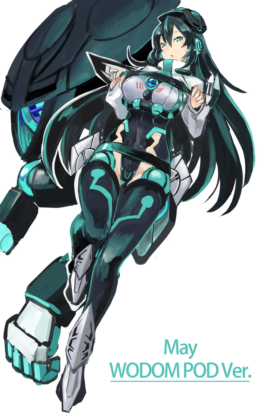 1girl, bangs, breasts, character_name, commentary, english_text, full_body, goggles, goggles_on_head, green_eyes, green_hair, gundam, gundam_build_divers_re:rise, highres, large_breasts, leotard, long_hair, long_sleeves, looking_at_viewer, may_(gundam_build_divers_re:rise), mecha, mecha_musume, sidelocks, tim_(a9243190a), very_long_hair, wodom_pod