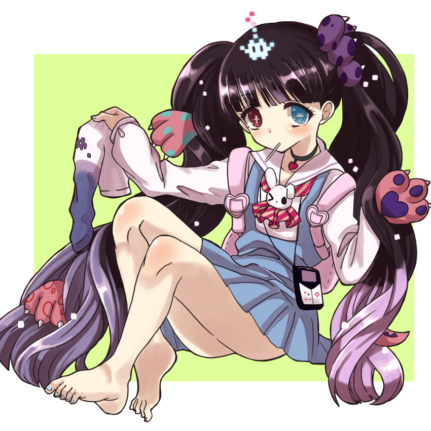 backpack, bag, barefoot, blue_dress, blue_eyes, brown_hair, choker, commentary_request