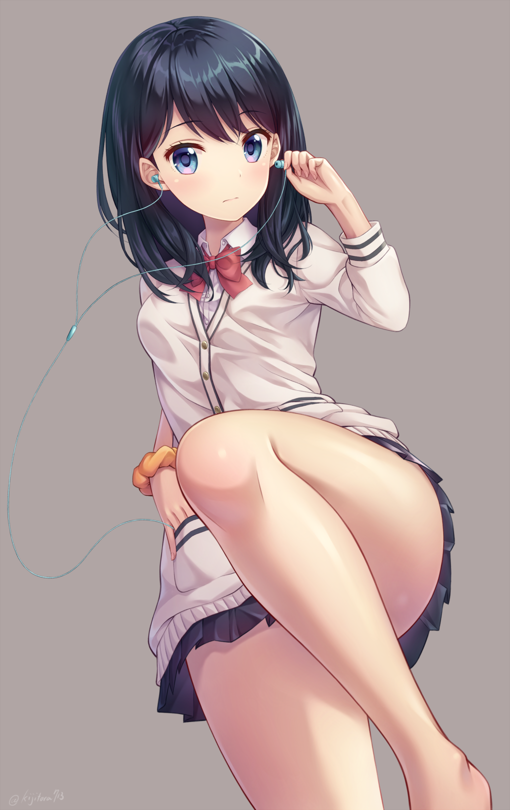 1girl, bangs, black_hair, blue_eyes, breasts, commentary, earphones, eyebrows_visible_through_hair