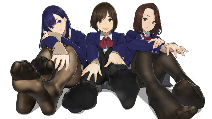 3girls, aikawa_ren, bangs, beige_cardigan, black_legwear, blazer, blue_eyes, blue_hair