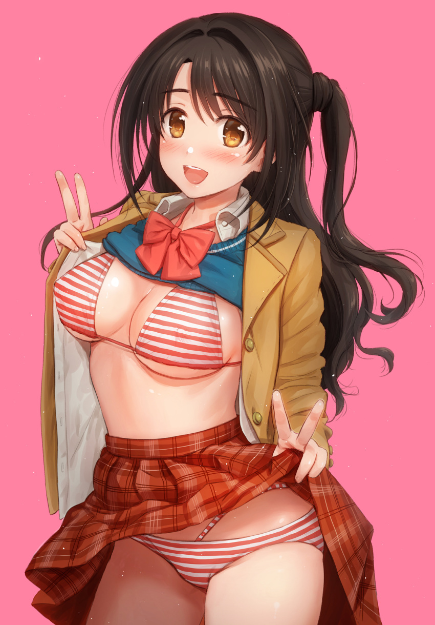 1girl, bangs, bikini, bikini_under_clothes, blazer, blush, bow, bowtie