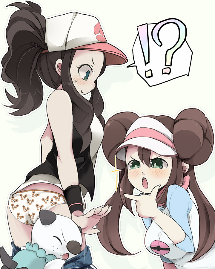 !?, 2girls, :>, ass, assisted_exposure, baseball_cap, blue_eyes, blush