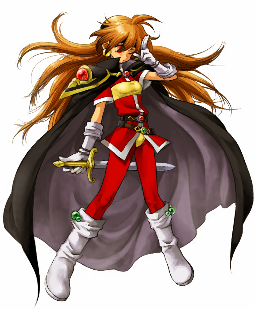 cape, lina_inverse, long_hair, masquerade_(artist), michi_ta_(masquerade), red_eyes, slayers, sword, weapon, wink