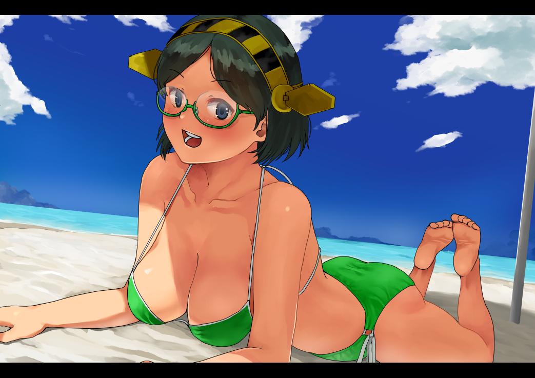 1girl, barefoot, beach, bikini, black_hair, blue_sky, breasts, clouds