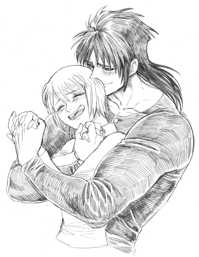 1boy, 1girl, black_hair, blush, closed_eyes, couple, happy, haru_56, hetero, holding_hands, hug, hug_from_behind, karakuri_circus, katou_narumi, long_hair, long_sleeves, muscle, shirogane_(karakuri_circus), short_hair, sketch, smile