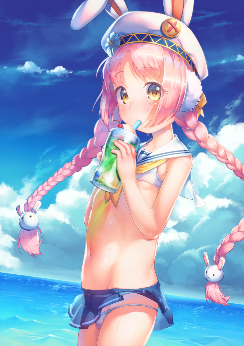 1girl, akane_mimi, animal_ears, bikini, bikini_top, blue_skirt, braid, brown_eyes