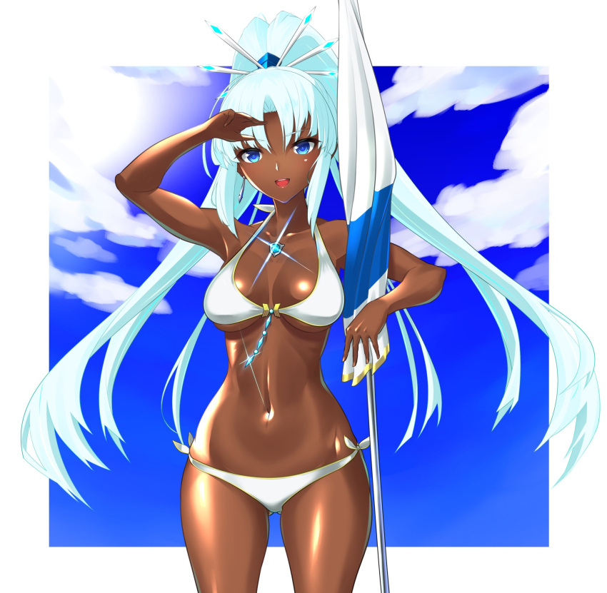 1girl, bikini, blue_eyes, blue_hair, blush, breasts, dark_skin, dolling60883582