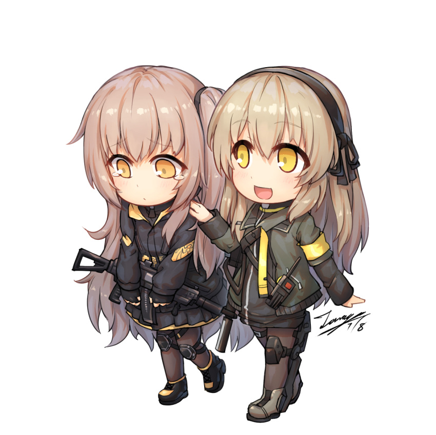 2girls, :d, bangs, black_footwear, black_gloves, black_hairband, black_jacket, black_ribbon