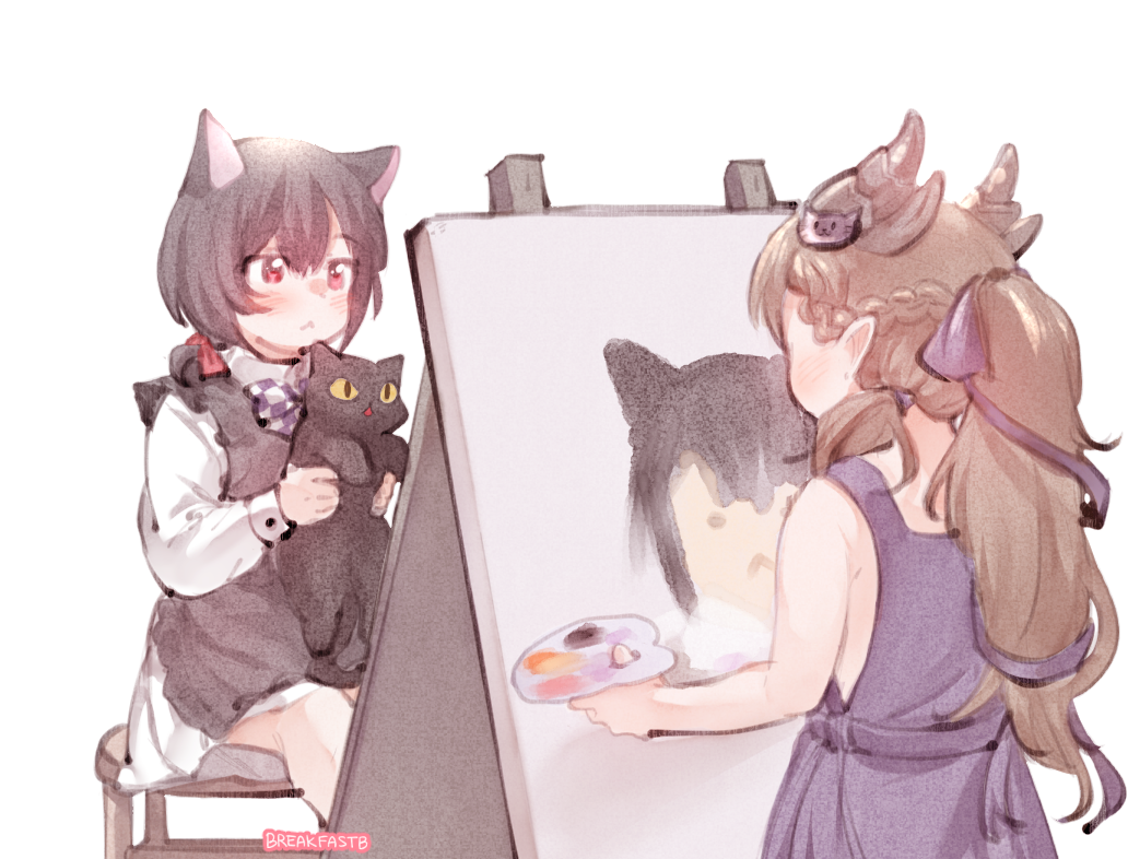 2girls, :<, animal_ears, artist_name, bangs, black_hair, blush, braid