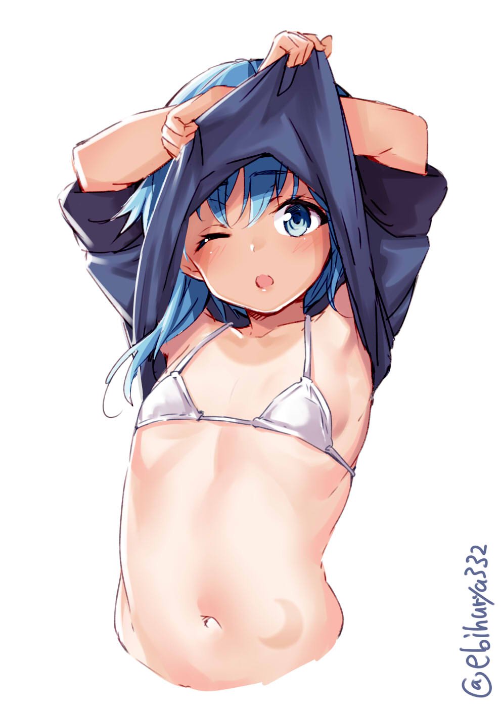 1girl, bangs, bare_shoulders, bikini, blue_eyes, blue_hair, blush, breasts