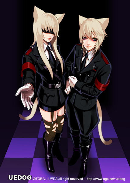 armband, belt, blonde_hair, boots, cat_ears, cat_tail, catboy, catgirl