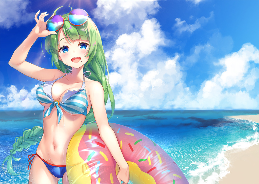 1girl, ahoge, bangs, beach, bikini, blue_bikini, blue_eyes, blue_sky