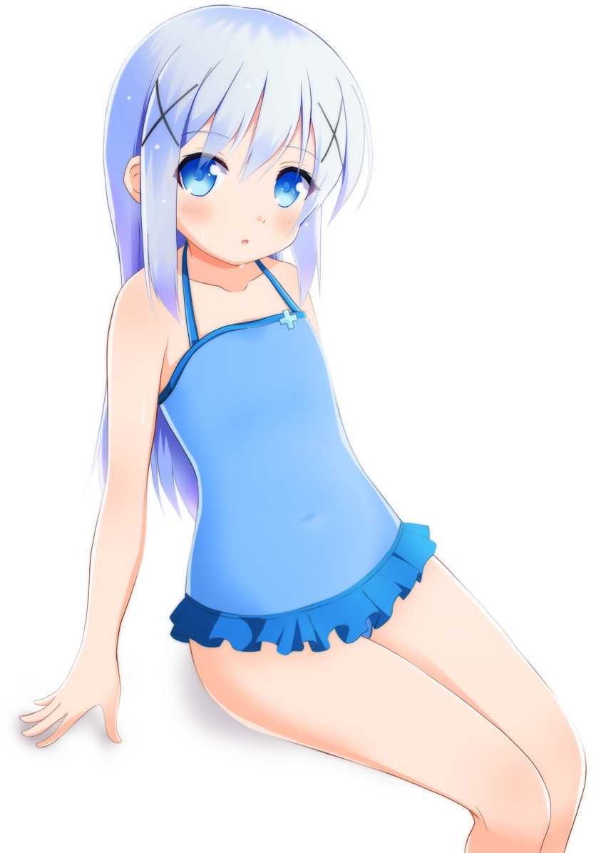 1girl, blue_eyes, blue_hair, blue_swimsuit, blush, casual_one-piece_swimsuit, commentary_request, gochuumon_wa_usagi_desu_ka?