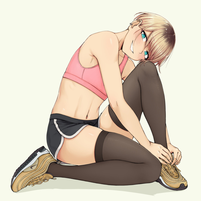 1other, blonde_hair, blue_eyes, blush, boyshorts, cyan_eyes, ear_piercing, flat_chest