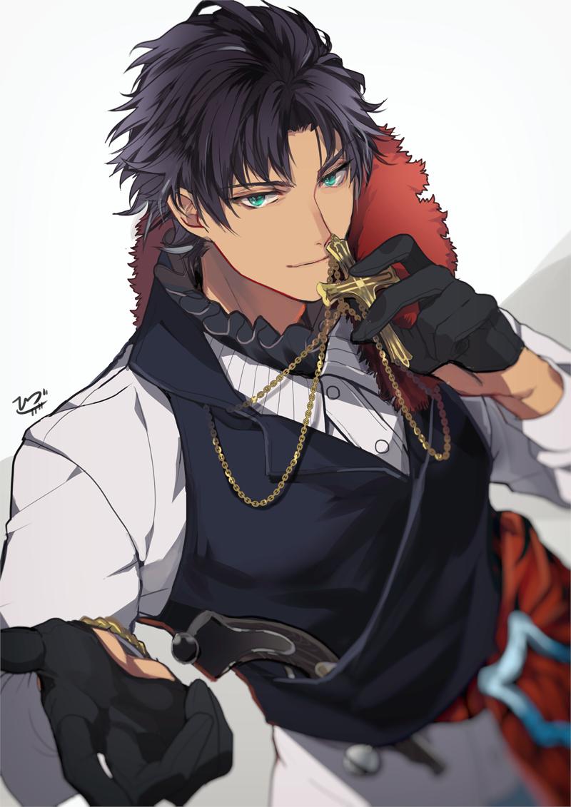 1boy, antique_firearm, bartholomew_roberts_(fate/grand_order), black_hair, blue_eyes, cross, cross_necklace, dark_skin