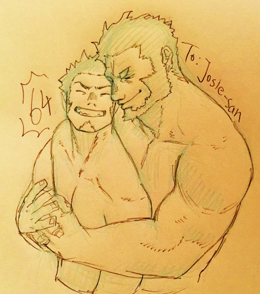 2boys, abs, bara, beard, chest, closed_eyes, commentary_request, doodle, facial_hair, fate/grand_order, fate_(series), highres, holding_hands, hug, male_focus, manly, multiple_boys, muscle, napoleon_bonaparte_(fate/grand_order), nomifuki, pectorals, simple_background, sketch, smile, teeth, topless, yaoi