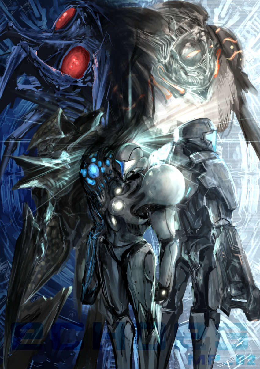 1girl, 1other, alien, ambiguous_gender, arm_cannon, armor, arms_at_sides, back-to-back