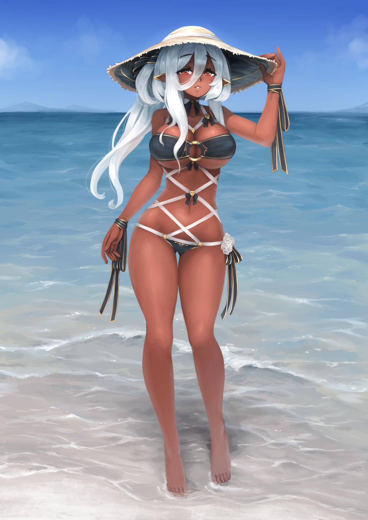 1girl, bangs, barbariank, bare_legs, bare_shoulders, barefoot, black_ribbon, breasts