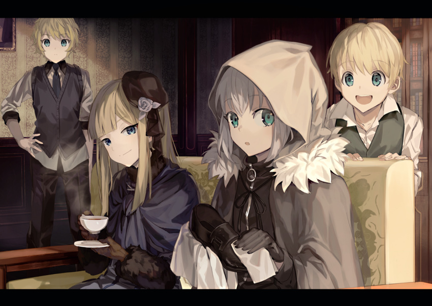2boys, 2girls, black_gloves, black_headwear, blonde_hair, blue_dress, blue_eyes, blue_neckwear, blue_scarf, blue_vest, brown_gloves, cleaning, cloak, closed_mouth, commentary_request, cup, dress, eyebrows_visible_through_hair, fate_(series), flat_eskardos, flower, flower_hat, fur-trimmed_cloak, fur_trim, gloves, gray_(lord_el-melloi_ii), green_eyes, green_vest, grey_hair, hair_between_eyes, hand_on_hip, hat, holding, holding_cup, holding_shoes, hood, hood_up, hooded_cloak, long_hair, looking_at_viewer, lord_el-melloi_ii_case_files, mini_hat, mocha_(mokaapolka), multiple_boys, multiple_girls, necktie, open_mouth, reines_el-melloi_archisorte, scarf, shirt, shoes, short_hair, sitting, smile, svin_glascheit, teacup, teeth, vest, white_flower, white_shirt