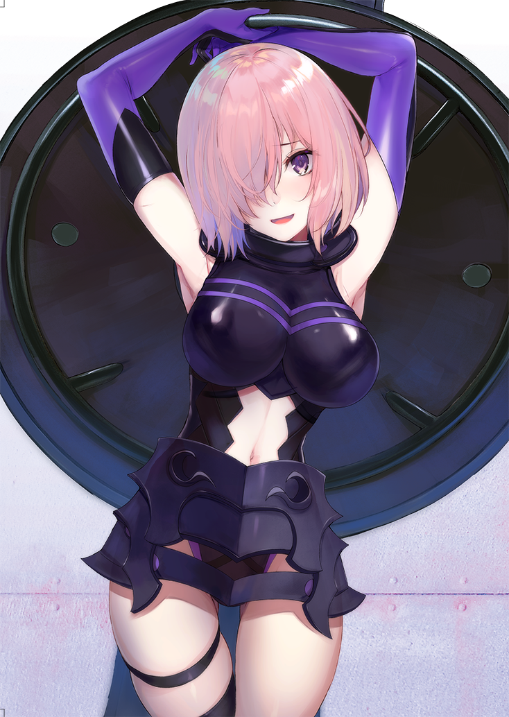 1girl, :d, armor, armpits, black_legwear, blush, breasts, elbow_gloves