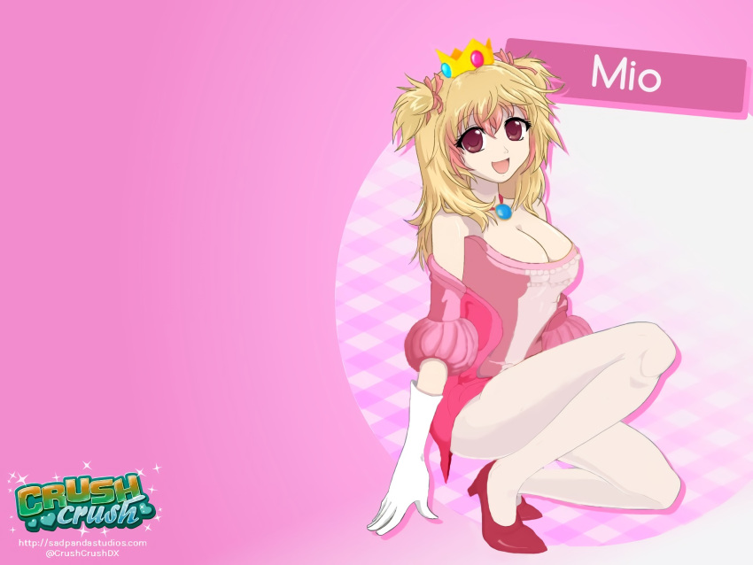 1girl, blonde_hair, brown_eyes, character_name, cleavage, cosplay, crown, crush_crush