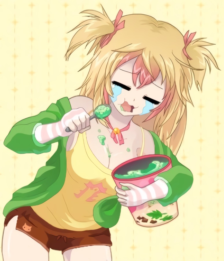 1girl, beige_background, bell_collar, blonde_hair, cleavage, closed_eyes, crush_crush, crying, eating, food_on_breasts, ice_cream, ice_cream_scoop, mio_(crush_crush), multicolored_hair, shirt, short_shorts, solo, spoon, twintails