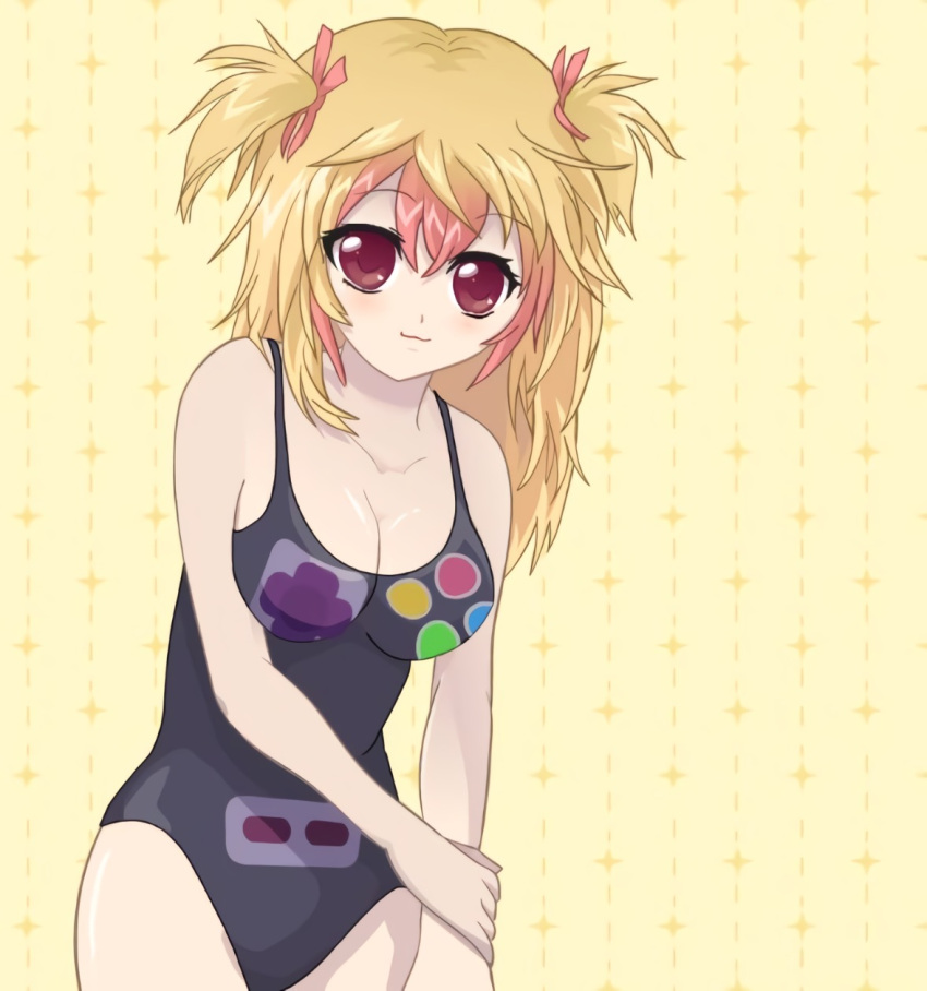 1girl, :3, arm_at_side, blonde_hair, brown_eyes, cleavage, crush_crush, looking_at_viewer
