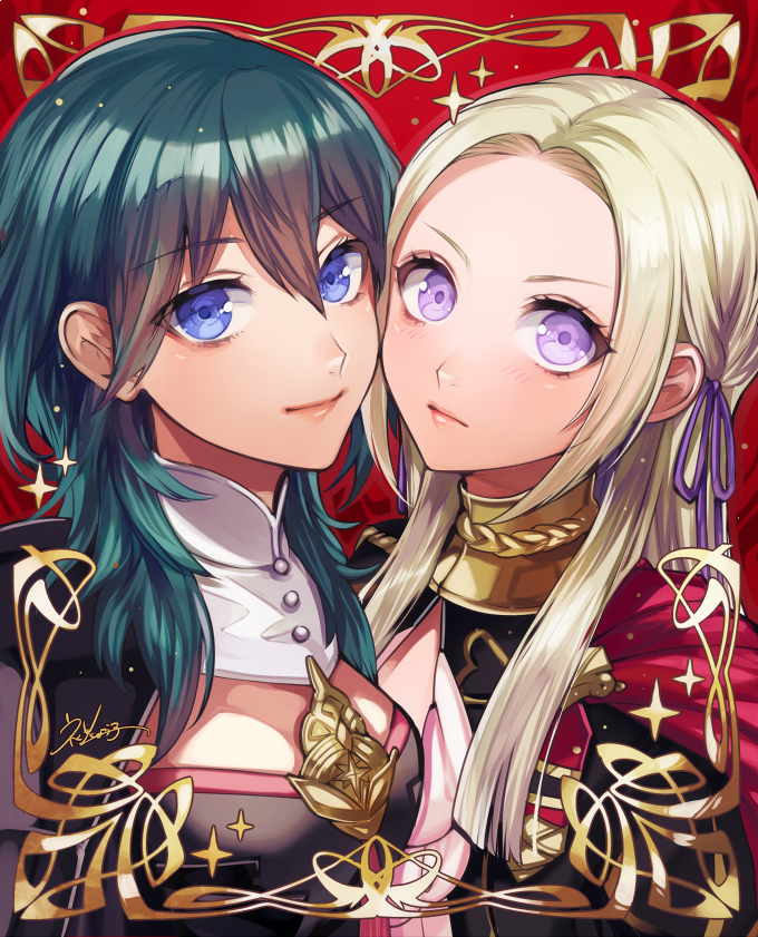 2girls, blue_eyes, brooch, byleth_(fire_emblem), byleth_eisner_(female), cheek-to-cheek, commentary_request, cute