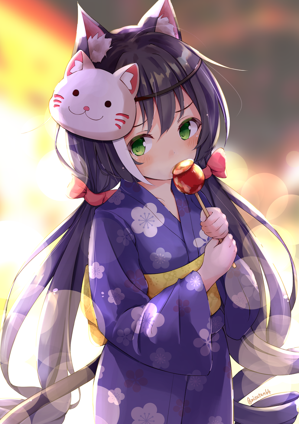 1girl, animal_ear_fluff, animal_ears, bangs, black_hair, blue_kimono, blurry, blurry_background