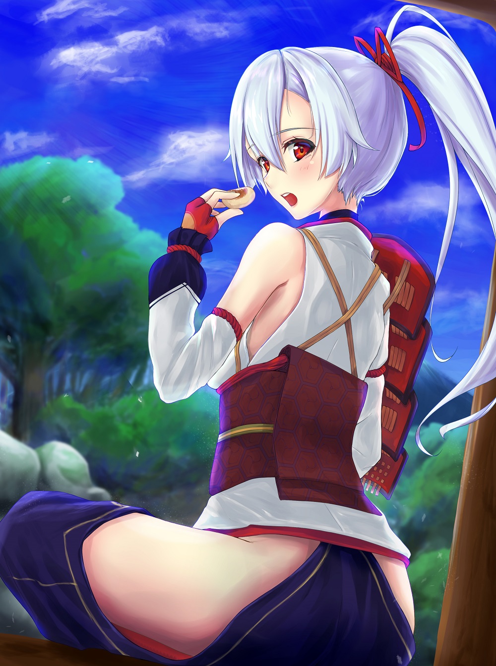 1girl, :o, armor, blue_hakama, blue_sky, blush, clouds, commentary_request, eating, fate/grand_order, fate_(series), fingerless_gloves, food, gloves, hair_between_eyes, hakama, hakama_pants, highres, hip_vent, japanese_armor, japanese_clothes, long_hair, looking_at_viewer, looking_back, manawana, red_eyes, red_gloves, shoulder_armor, silver_hair, sitting, sky, sode, solo, tomoe_gozen_(fate/grand_order), tree