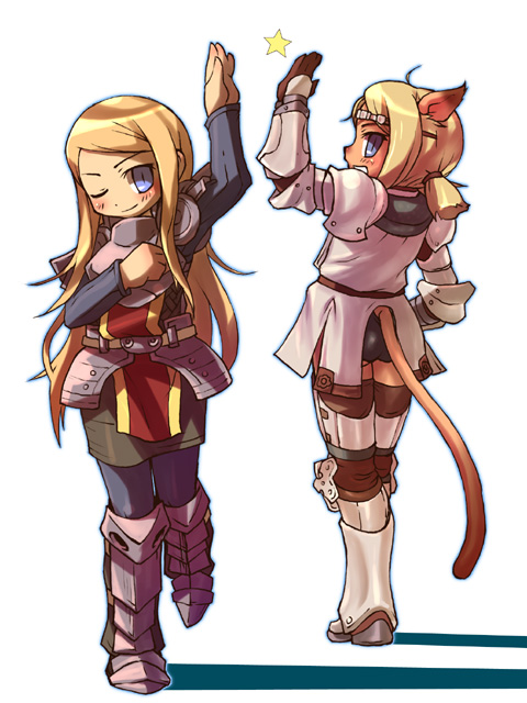 armor, blonde_hair, cat_ears, cat_tail, crossover, final_fantasy, final_fantasy_xi, high_five
