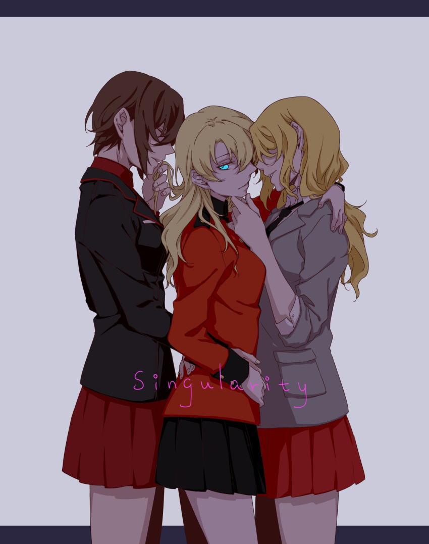 3girls, actas_(studio), alternate_hairstyle, arm_around_neck, arm_around_waist, bangs, black_jacket, black_neckwear, black_skirt, blazer, blonde_hair, blue_eyes, brown_hair, darjeeling_(girls_und_panzer), dress_shirt, english_text, enseisong, epaulettes, from_side, girl_sandwich, girls_und_panzer, grey_jacket, hair_down, hand_on_another's_chin, hand_on_hip, highres, holding_another's_hair, jacket, kay_(girls_und_panzer), kuromorimine_military_uniform, letterboxed, long_hair, long_sleeves, looking_at_viewer, media_factory, military, military_uniform, miniskirt, multiple_girls, necktie, nishizumi_maho, pleated_skirt, red_jacket, red_shirt, red_skirt, sandwiched, saunders_school_uniform, school_uniform, shirt, short_hair, skirt, sleeves_rolled_up, smelling, st._gloriana's_military_uniform, standing, tomboy, uniform, white_shirt, wing_collar, you_gonna_get_raped, yuri