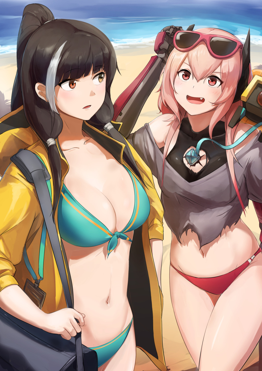 bag, bangs, bare_shoulders, beach, bikini, black_hair, blue_bikini, blush