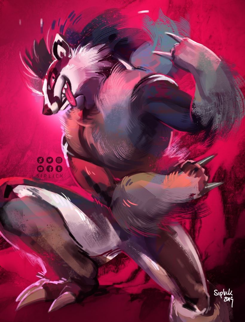 2019, artist_name, claws, dated, deviantart, facebook, gen_8_pokemon, instagram, long_tongue, no_humans, obstagoon, pokemon, pokemon_(creature), pokemon_swsh, red_background, red_eyes, rock_on_sign, sharp_teeth, siplick, tongue_out, tumblr, twitter, youtube