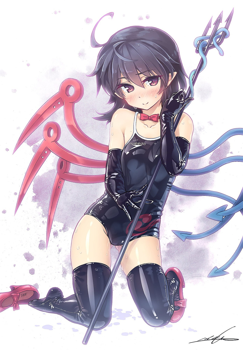 1girl, ahoge, ass_visible_through_thighs, asymmetrical_wings, bangs, bare_shoulders, black_gloves, black_hair, black_legwear, black_swimsuit, blue_wings, blush, bow, bowtie, brand_name_imitation, breasts, collarbone, commentary_request, competition_school_swimsuit, elbow_gloves, eyebrows_visible_through_hair, gloves, hair_between_eyes, hand_up, high_heels, highres, holding, holding_weapon, houjuu_nue, kneeling, looking_at_viewer, nose_blush, one-piece_swimsuit, orita_enpitsu, pointy_ears, polearm, red_bow, red_eyes, red_footwear, red_neckwear, red_wings, shiny, shoes, short_hair, signature, simple_background, single_shoe, skindentation, small_breasts, smile, solo, speedo_(company), sweat, swimsuit, thighs, touhou, trident, weapon, white_background, wings