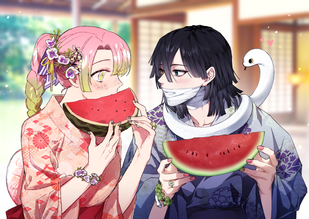 1boy, 1girl, black_hair, braid, food, fruit, gradient_hair, green_eyes, green_hair, gwio, heterochromia, iguro_obanai, japanese_clothes, kanroji_matsuri, kimetsu_no_yaiba, kimono, long_hair, multicolored_hair, pink_hair, snake, watermelon, yellow_eyes, yukata