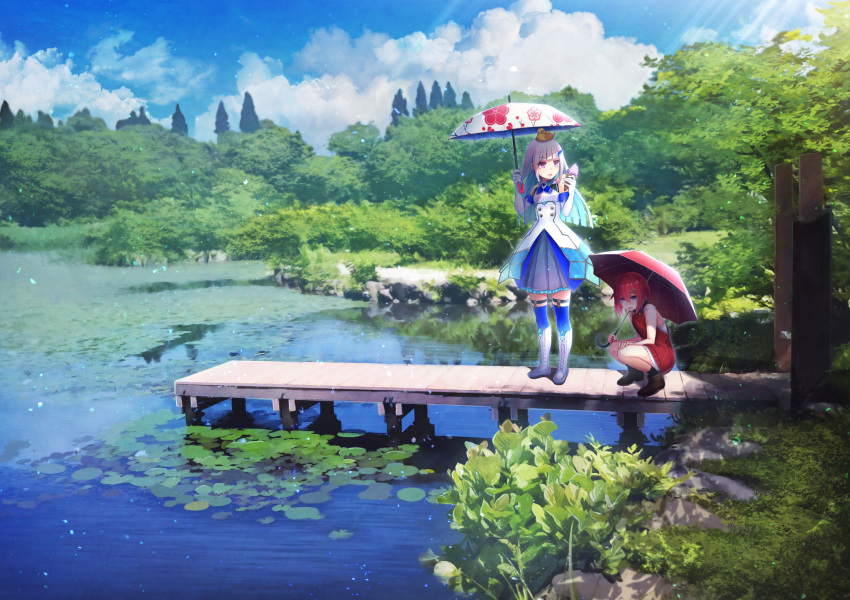 2girls, ange_katrina, animal, animal_on_head, aqua_hair, bare_arms, bare_shoulders, bird, black_legwear, blue_eyes, blue_legwear, blue_neckwear, blue_sky, boots, bridge, brown_footwear, chick, clouds, cloudy_sky, commentary_request, cyanomirahi, day, dress, elbow_gloves, floral_print, food, forest, frown, gloves, hair_ornament, hairclip, hands_up, highres, holding, holding_food, holding_umbrella, ice_cream, knee_boots, lake, light_rays, lily_pad, lize_helesta, long_hair, looking_to_the_side, monocle, multicolored_hair, multiple_girls, nature, nijisanji, on_head, open_mouth, outdoors, plant, red_dress, redhead, sebastian_piyodore, short_hair, sidelocks, sky, sleeveless, sleeveless_dress, socks, squatting, standing, sunbeam, sunlight, sweat, thigh-highs, thighs, tree, two-tone_hair, umbrella, violet_eyes, virtual_youtuber, water, white_dress, white_footwear, white_gloves, white_hair, wide_shot, wing_collar, zettai_ryouiki