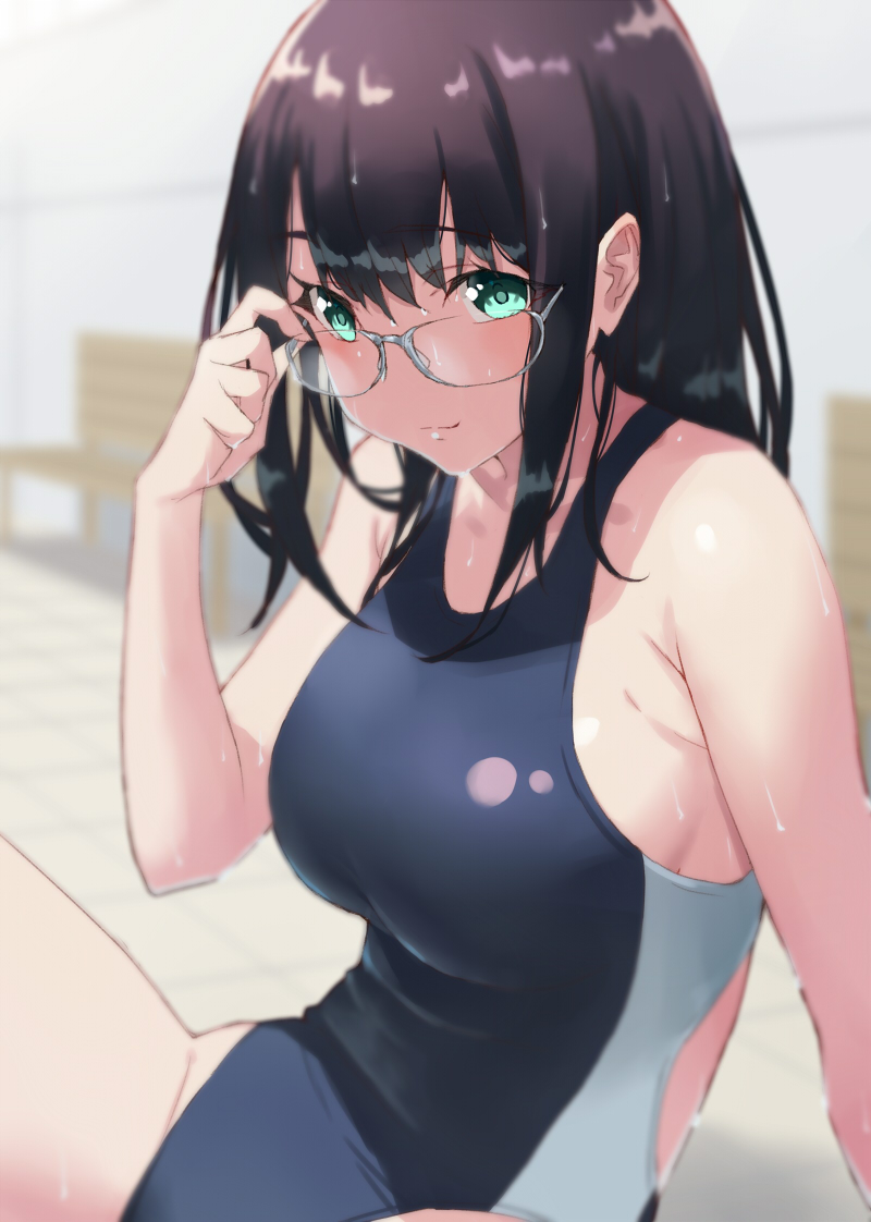 1girl, adjusting_eyewear, blurry, breasts, brown_hair, competition_swimsuit, depth_of_field, glasses