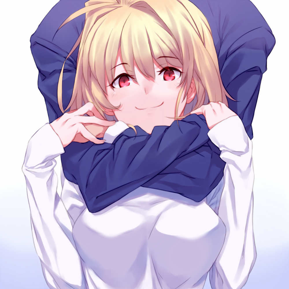 1boy, 1girl, ahoge, arcueid_brunestud, auru_t, blonde_hair, breasts, commentary, eyebrows_visible_through_hair, gakuran, hair_between_eyes, hair_intakes, hug, hug_from_behind, j.c._staff, japanese_clothes, long_sleeves, love, medium_breasts, red_eyes, school_uniform, short_hair, smile, sweater, toono_shiki, tsukihime, turtleneck, type-moon