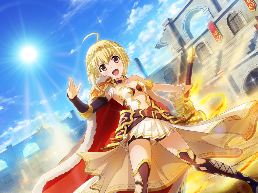 armored_dress, blonde_hair, otori_michiru, short_hair, shoujo_kageki_revue_starlight, smile, warrior, yellow_eyes