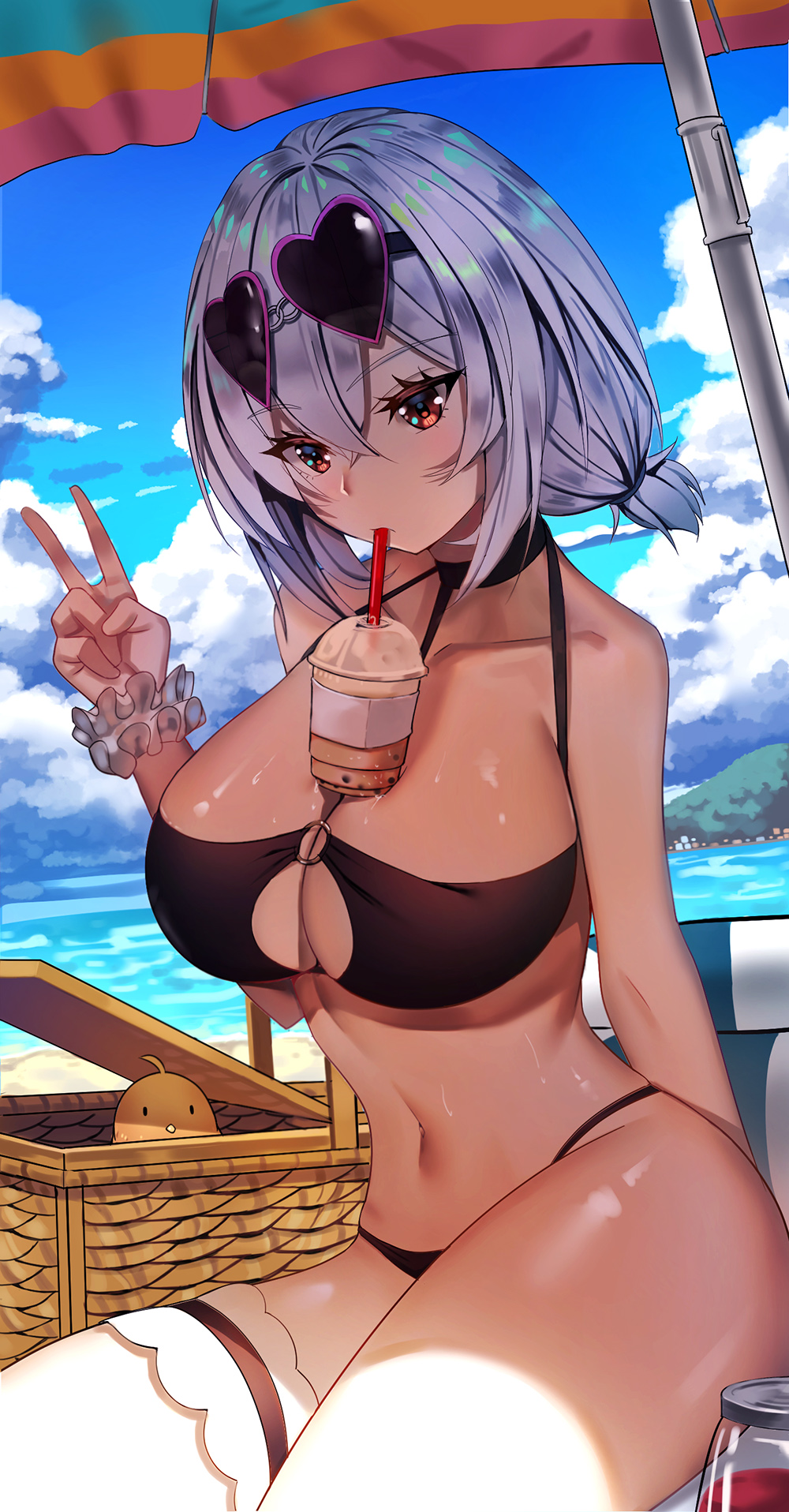 1girl, alternate_costume, azur_lane, bangs, bare_shoulders, beach_umbrella, bikini, bird