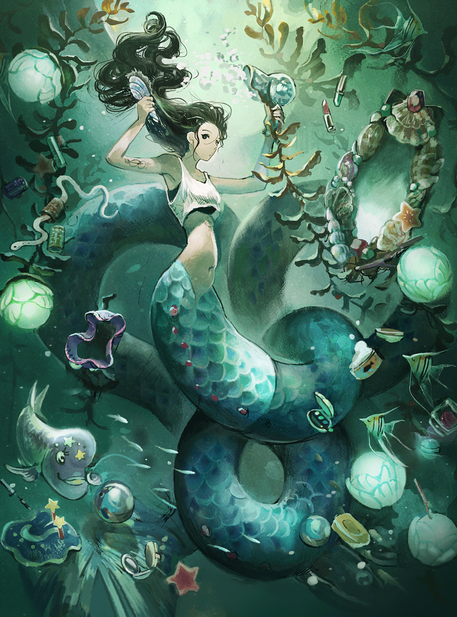 1girl, bayashiko, black_eyes, black_hair, breasts, bubble, comb, eel