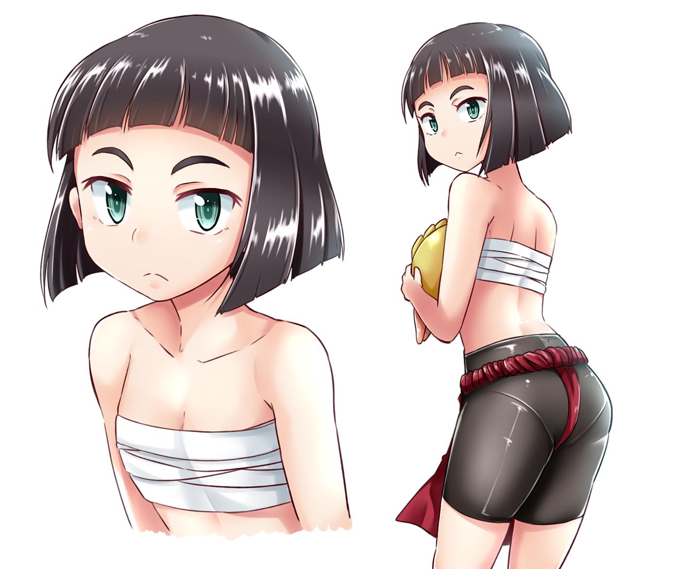 1girl, ass, bangs, bike_shorts, black_hair, black_shorts, blunt_bangs, blunt_ends, bob_cut, breasts, closed_mouth, cropped_torso, from_behind, frown, fundoshi, green_eyes, holding, japanese_clothes, kitayama_miuki, leaning_forward, looking_at_viewer, multiple_views, nishihara_(girls_und_panzer), pantylines, red_fundoshi, sarashi, short_hair, shorts, small_breasts, solo, standing, stuffed_animal, stuffed_duck, stuffed_toy, thighs