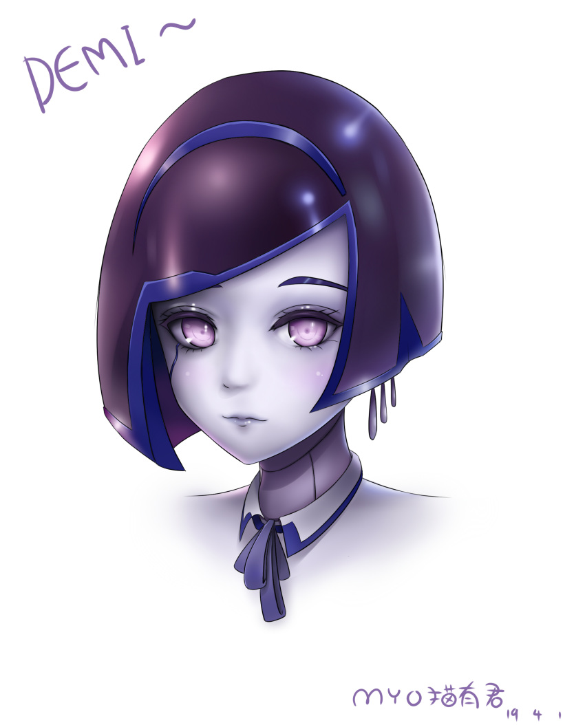 1girl, absurdres, android, artist_name, black_hair, blue_hair, bow, bowtie