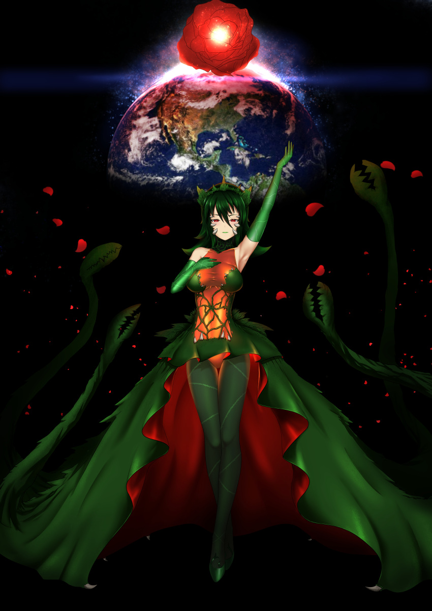 1girl, absurdres, armpits, biollante, bodysuit, breasts, copyright_name, earth