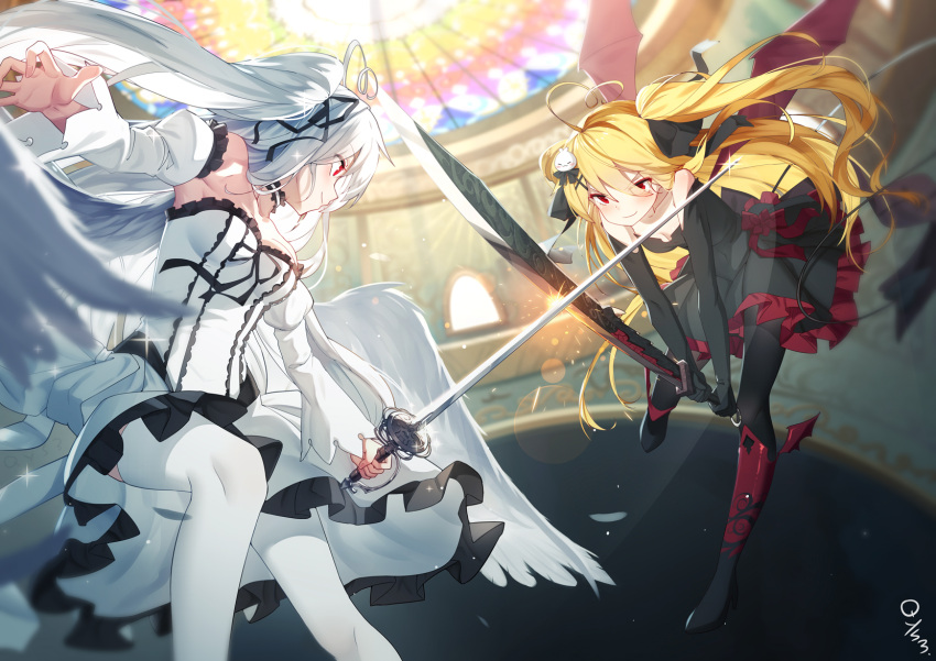 2girls, ahoge, bai_yemeng, bat_wings, black_dress, black_legwear, blonde_hair, blurry