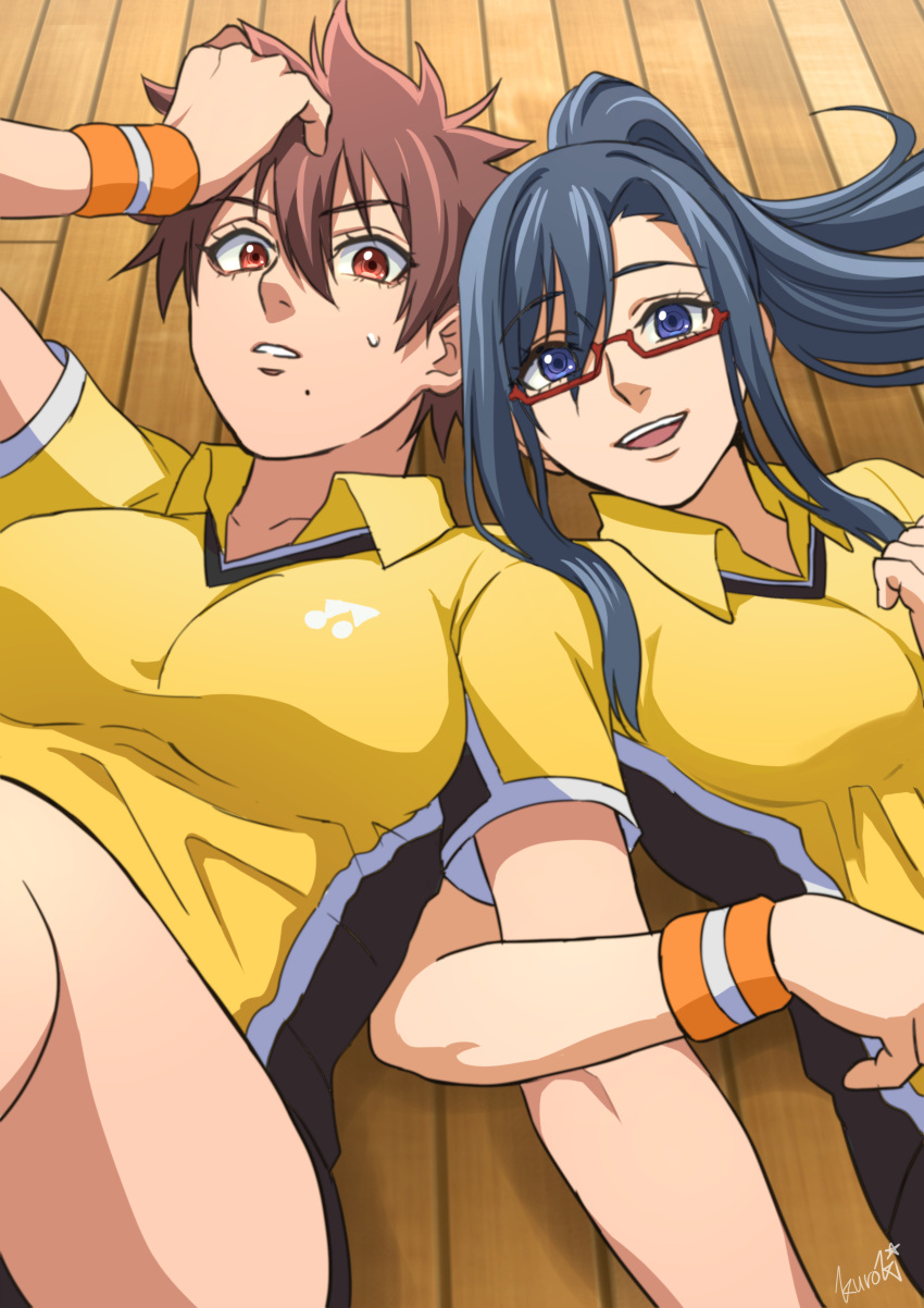 2girls, absurdres, aragaki_nagisa, badminton, bangs, blue_hair, breasts, brown_eyes
