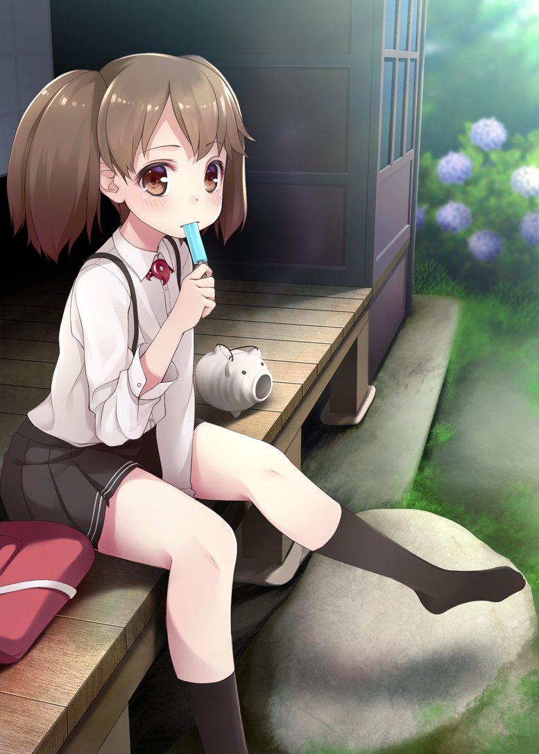 1girl, black_legwear, black_skirt, brown_hair, bush, dress_shirt, flat_chest, flower, food, full_body, japanese_clothes, kantai_collection, kariginu, kayari_buta, kneehighs, long_hair, magatama, mofu_namako, pleated_skirt, popsicle, red_shirt, rock, ryuujou_(kantai_collection), shirt, shirt_removed, sitting, skirt, solo, suspenders, twintails, veranda, visor_cap, white_shirt, whole_body